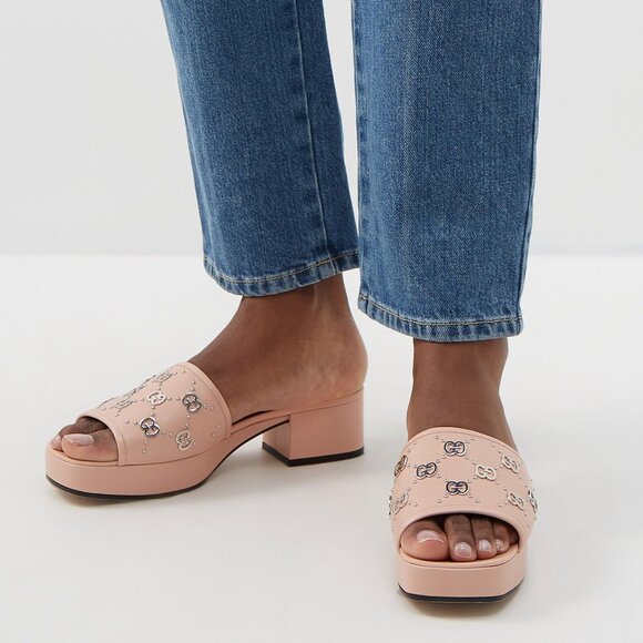 NEW GUCCI Janaya Interlocking GG Studs Rose Leather Sandals Slides EU 40 US 10 - Picture 4 of 11